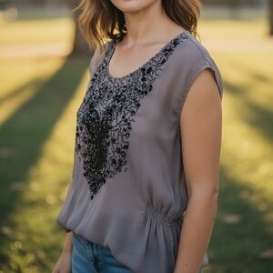 NOANOA Boutique Sequin Grey Semi Sheer Cap Sleeve Blouse